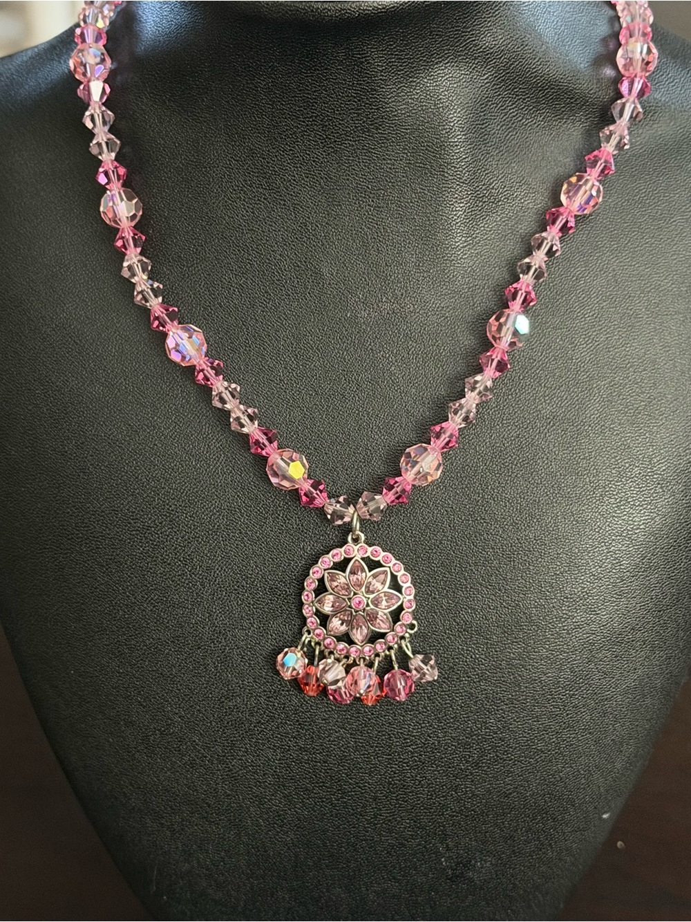 Vintage Swarovski Pink And Lavender Crystal Beaded Floral  Statement Necklace